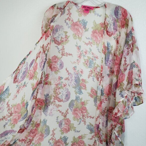 Betsey Johnson Floral Print Sheer Kimono Ruffled Swim Cover-up Loungewear O/S - Picture 11 of 12